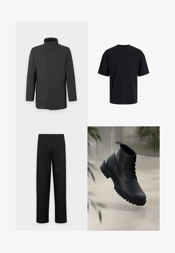 Silmukka- eli kalanruotokuvioitu villakangastakki tummanharmaana, jossa on korkea kaulus, napillinen suljenta ja sivutasku. Klassinen, räätälöity istuvuus.; Musta puuvillapaita, jossa on pyöreä kaula-aukko, lyhyet hihat ja rento muotoilu. Yksinkertainen ja sileä pinta, ilman näkyviä kuvioita tai koristeita.; Mustat housut, jotka on valmistettu sileästä kankaasta, suoran lahkeen muotoilulla, kahdella etupleekillä ja tavanomaisella vyötäröllä, jossa on vyölenkit.; Mustat nahka nilkkurit, joissa on pyöreä kärki, nauhakiinnitys ja kova kumipohja. Sujuva pinta, jossa on vetoketju takana.