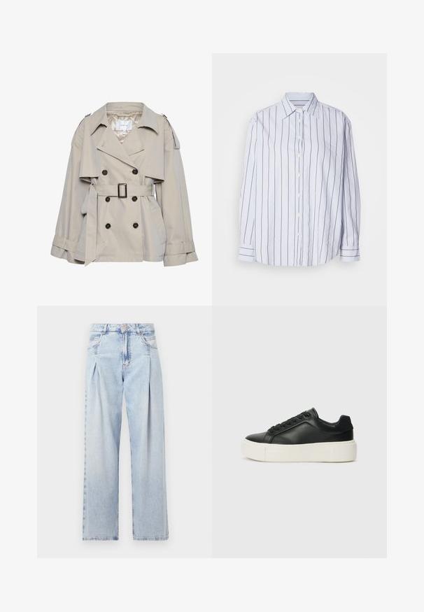 Gestuz BIRDIE - Summer jacket - sand; White shirt with narrow navy vertical stripes, button front, point collar, long sleeves with buttoned cuffs, soft fabric, relaxed fit.; Light blue denim jeans with a high waist, wide-leg cut, two side pockets, and pleated design feature. Soft texture with a faded finish.; Black leather sneaker with a rounded toe, white platform sole, and black laces. Features a subtle logo on the heel and smooth texture.