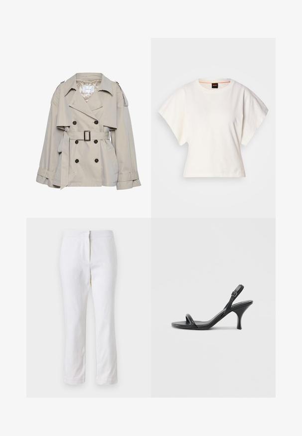 Gestuz BIRDIE - Summer jacket - sand; White cropped T-shirt, short wide sleeves, soft cotton material, round neckline with subtle orange trim, minimal design, no patterns or graphics.; White cotton pants with a straight leg design, featuring a mid-rise waist and no visible hardware or patterns. Smooth texture throughout.; Black leather high-heeled sandals with a slim, curved heel and a crossed strap design. Adjustable ankle strap. Smooth texture.