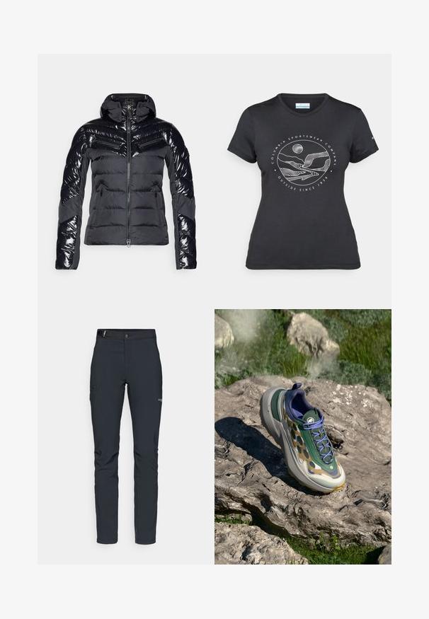 Black puffy jacket with a glossy finish, featuring horizontal baffles, a high collar, and zippered pockets for functionality.; Black Columbia t-shirt with white circular mountain and river line art and text "Columbia Sportswear Company Outside Since 1938."; Men's outdoor pants, dark gray, made from flexible material, featuring a belt, zippered pockets, and reinforced stitching.; Sport shoe featuring a patterned mesh upper in green and beige, a thick gray midsole, and purple accents, set against a rocky surface.