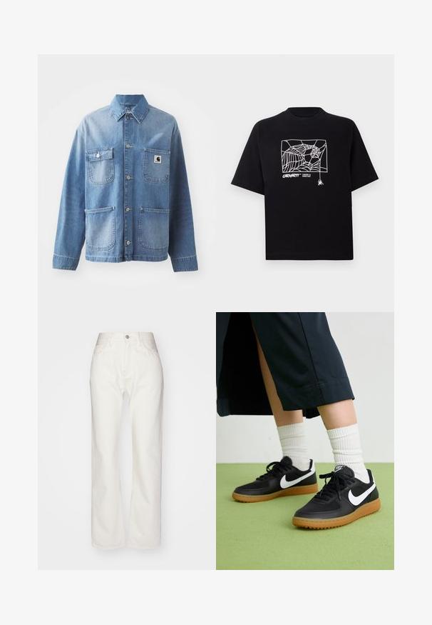 Vaaleansininen farkkutakki, jossa on kaulus, nappikiristys edessä ja neljä taskua. Vasemmassa rinnuksessa on logo-patchi ja metallinappulat.; Mustapaita, joka on valmistettu puuvillasta ja jossa on lyhyet hihat. Edessä on valkoinen hämähäkinseittigrafiikka ja logo. Yksinkertainen, pyöreä kaula-aukko.; Valkoiset farkuhousut, joissa on korkea vyötärö ja leveä lahje. Ominaisuuksiin kuuluu nappi- ja vetoketjukiinnitys, vyölenkit ja huomaamattomat ompeluseikat.; Mustat nahka- ja synteettiset urheilukengät, joissa on valkoinen Nike-merkki, kuminen pohja, pyöreä kärki ja mustat nauhat. Raitapintaiset valkoiset sukat näkyvissä.