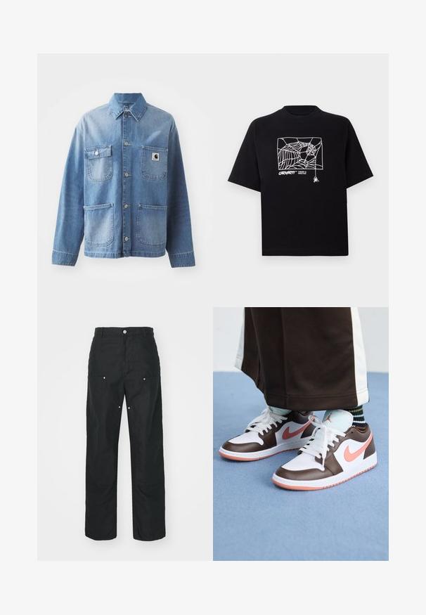 Lys blå denimjakke med krage, knappelukking og fire lommer. Har et merkepatch på venstre bryst og metallknapper.; Svart T-skjorte laget av bomull med korte ermer. Har et hvitt edderkoppnett grafikk og logo på fronten. Enkel rund hals.; Svarte bukser med rett ben-design, laget av et strukturert stoff. Har dekorativt sølvtilbehør og unike sømdetaljer.; Hvite og brune Nike Air Jordan-sneakers med rosa detaljer, med lavt design, hvite snører og en teksturert gummisåle.