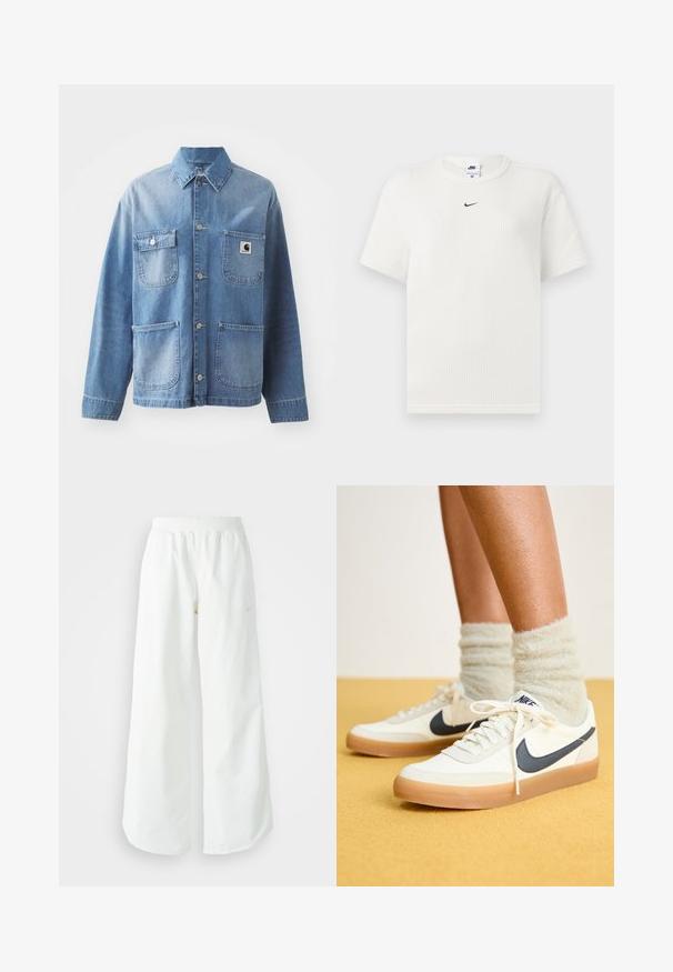 Svetlo modra denim jakna s ovratnikom, gumbom na sprednji strani in štirimi žepi. Ima znak z nalepko na levem prsnem delu in kovinske gumbe.; Bela rebrasta majica s okruglim izrezom i kratkimi rukavi. Ima mali crni Nike logo na prsima. Tekstilirani materijal s prilagođenim oblikom.; Bela športna hlače širokega kroja z rebrastim pasom in diskretno logotipno podrobnostjo. Gladek material z sproščenim krojem in zoženim robom.; Bele tene čevlje Nike z mornarsko modrim znakonom, teksturirano blago, bele vezalke in gumijast podplat, v kombinaciji z kosmatimi svetlo zelenimi nogavicami. Rumena ozadje.