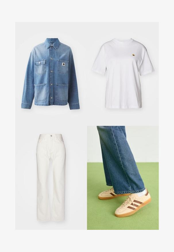 Hellblaues Denim-Jackett mit Kragen, Knopfverschluss und vier Taschen. Verfügt über ein Patch-Logo auf der linken Brust und metallische Knöpfe.; Weißes Baumwoll-T-Shirt mit lockerem Schnitt, kurzen Ärmeln und einem kleinen gestickten Logo auf der linken Brustseite.; Weiße Denim-Hosen mit hoher Taille und weit geschnittenem Bein. Mit einem Knopf- und Reißverschluss, Gürtelschlaufen und dezenten Nähten.; Beige Sneakers mit strukturierten cremefarbenen Paneelen und braunen Streifen, kombiniert mit blauen Jeans. Die Jeans haben einen weiten Beinschnitt und einen fransigen Saum.