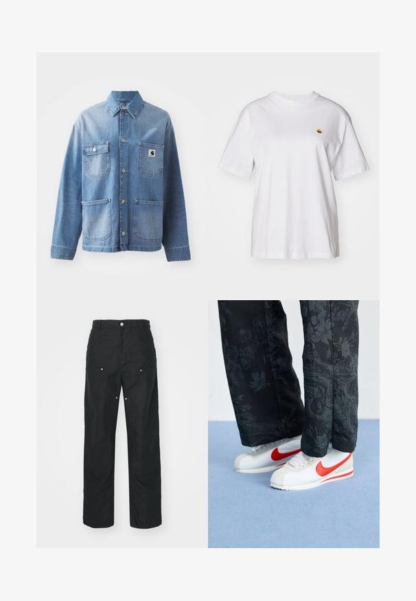 Svijetloplavi traper jakna s kragnom, prednjim zakopčavanjem na dugmad i četiri džepa. Ima oznaku na lijevoj strani prsnog dijela i metalne dugmadi.; Bijela pamučna majica s opuštenim krojem, kratkim rukavima i malim izvezenim logom na lijevoj strani prsnog dela.; Crne hlače ravnog kroja, napravljene od teksturirane tkanine. Sadrže dekorativne srebrne detalje i jedinstveno obrubljene šavove.; Bijele Nike tenisice s crvenim akcentima, uparene s crnim hlačama s cvjetnim uzorkom. Tekstura je glatka s ravnim pletenim đonom.