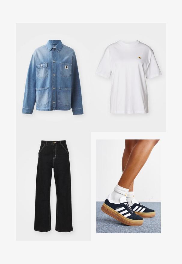 Lys blå denimjakke med krage, knappelukking og fire lommer. Har et merkepatch på venstre bryst og metallknapper.; Hvit bomulls t-skjorte med avslappet passform, korte ermer og en liten brodert logo på venstre brystområde.; Svarte vide jeans laget av denim, med kontrasterende hvite sømmer og en frontknapplukking, samt to skrå frontlommer.; Svarte sneakers i semsket skinn med hvite striper og detaljer, rund tå, yttersåle i gummigummi, kombinert med hvite ribbestrikkede crew-sokker.