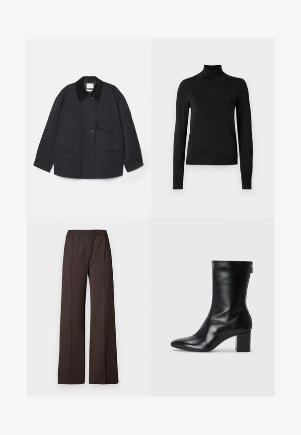 Citizens of Humanity LEIDA BARN - Lahka jakna - black; Črni pulover s dolgimi rokavi in vratnikom, z rebrastimi манжетами in robom, prikazan na enobarvni beli podlagi.; Hlače širokih nogavica iz temno rjave tkanine z elastičnim pasom, ki se ponašajo z gladko teksturo in čistimi linijami za elegantno podobo.; Črne usnjene gležnjarje s koničastim nosom in 4 cm širokim peto. Elegantna zasnova vsebuje stranski zadrgo za enostavno obuvanje. Gladka tekstura.