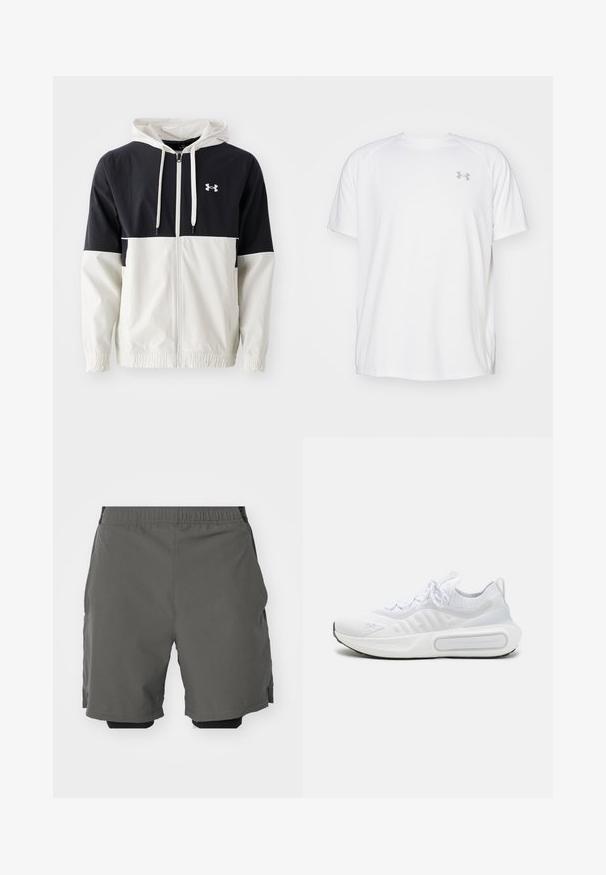 Hettejakke i marineblå og krem, laget av lett materiale. Har elastiske mansjetter, glidelås foran, og logo på brystet.; Hvit treningstopp med korte ermer laget av glatt stoff. Har rund hals og grått logo på venstre bryst, med sidesplitter i kanten.; Grå treningsshorts med et glatt, lett stoff og elastisk midje, med indre kompresjonsshorts og sidelommer.; Hvit atletisk sko med et teksturert strikket overdel, snøring, polstret såle og et distinkt merkeelement på siden.