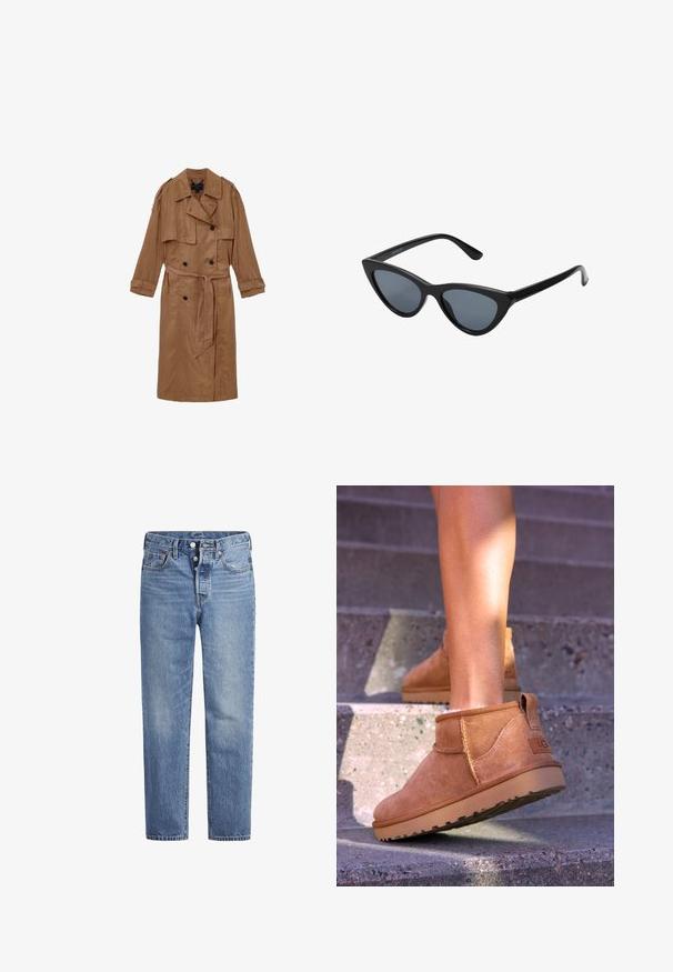 Barna vászon trench kabát dupla gombolású kialakítással, vállpántokkal és hozzáillő övvel, két elülső zsebbel és felgyűrt mandzsettával.; Krém színű, kabelmintás pulóver hosszú ujjal, bordás mandzsettával és aljjal, bal mellen egy kis hímzett logóval.; Világoskék farmernadrág egyenes szabással, öt zsebes dizájnnal és gombos nyereggel. Finom kopásokkal és narancssárga varrási részletekkel rendelkezik.; Barna nubuk bokacsizmák, puha textúrával, varrott részletekkel és gumitalpakkal, hurok alakú sarokkal a könnyű felvétel érdekében.; Fekete macskaszem napszemüveg sötétszürke lencsékkel, letisztult műanyag kerettel, hegyes sarkokkal és egyenes szárakkal. Nincs látható hardver vagy díszítés.