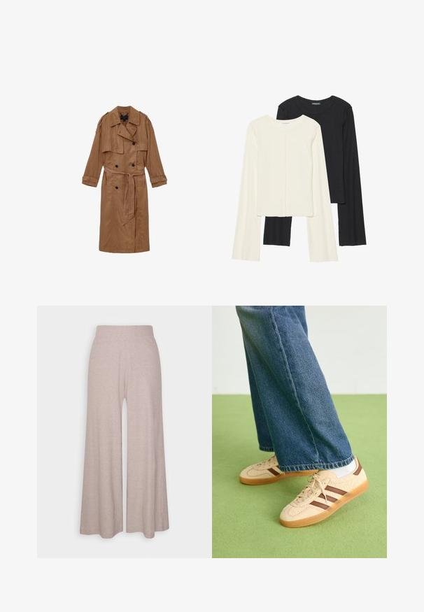 Brązowy, lniany trencz o podwójnym zapięciu, z naramiennikami, dopasowanym paskiem, dwiema przednimi kieszeniami i podwiniętymi mankietami.; Zestaw dwóch bluzek z długim rękawem w kolorze białym i czarnym. Prążkowana struktura, okrągły dekolt, dopasowany fason z lekko rozszerzanymi rękawami.; Jasnoszare szerokie spodnie wykonane z miękkiego, żebrowanego materiału, z wysokim stanem i pełnej długości nogawkami o subtelnej teksturze.; Beżowe sneakersy z fakturowanymi kremowymi panelami i brązowymi paskami, w połączeniu z niebieskimi dżinsami. Dżinsy mają szerokie nogawki i postrzępione wykończenie.