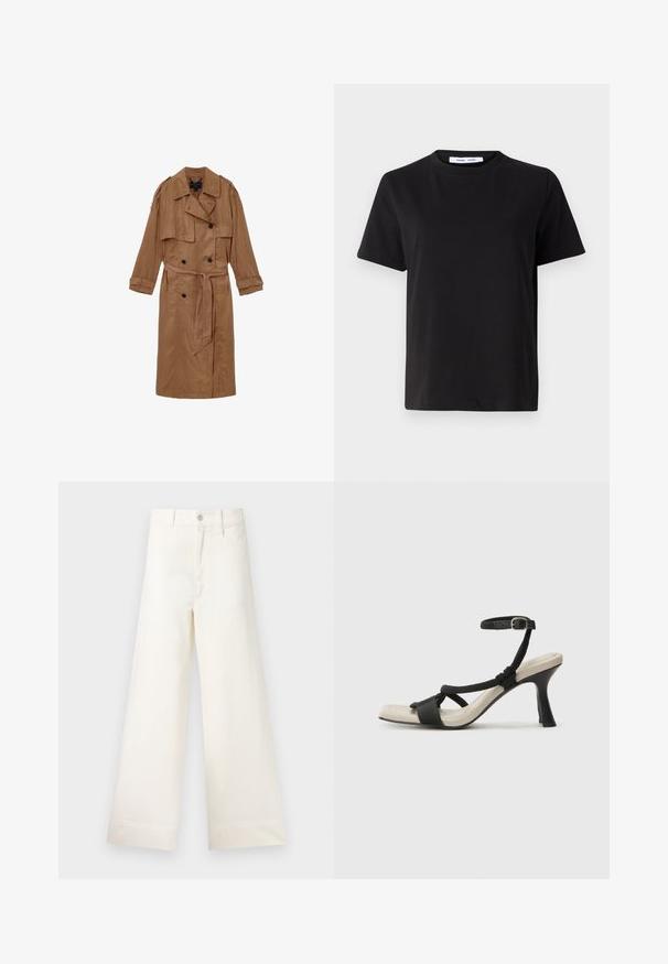 Brūns lins mētelis ar divkāršu savilkuma dizainu, plecu epauletēm un saskaņotu jostu, kuram ir divas priekšējās kabatas un sarullētas piedurknes.; Melna īsām piedurknēm T-kreklu, kas izgatavots no mīksta kokvilnas, ar apļveida kakla izgriezumu, brīvu piegriezumu un gludu tekstūru. Nav redzamu rakstu vai grafikas.; Platākas kāju bikses gaiši pelēkā kokvilnā. Iespējams augsts jostasvieta, priekšējās kabatas un taisna griezuma. Tīrs apakšmalas apdare bez rakstiem.; Melnas augstpapēžu sānijas ar pinuma siksnu dizainu, kvadrātveida purngali un regulējamu potītes siksnu. Gaismas beidzamais kāju paklājiņš ar spīdīgu melnu papēdi.