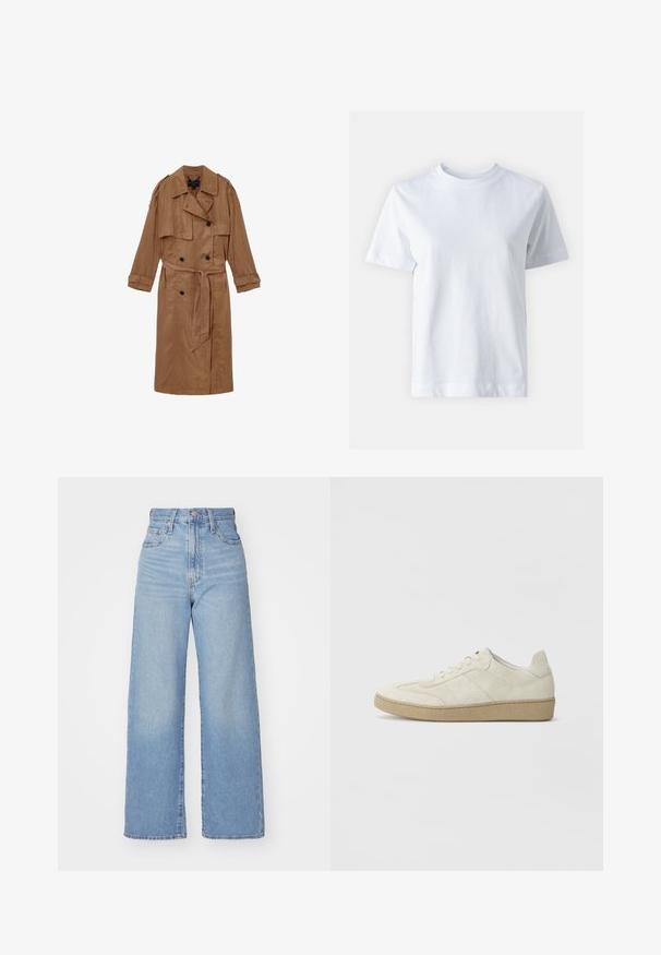 Barna vászon trench kabát dupla gombolású kialakítással, vállpántokkal és hozzáillő övvel, két elülső zsebbel és felgyűrt mandzsettával.; Fehér pamut póló kerek nyakkal, rövid ujjal, egyenes szabással és sima textúrával. Nincsenek minták vagy díszítések.; Világoskék, magas derekú, bő szárú farmernadrág, elülső gombbal és cipzárral, elülső és hátsó zsebekkel, fehér háttérrel.; Beige velúr sportcipők texturált dizájnnal, lapos gumi talppal és jellegzetes oldalsó varrással. Kerek orr és párnázott nyak rész.