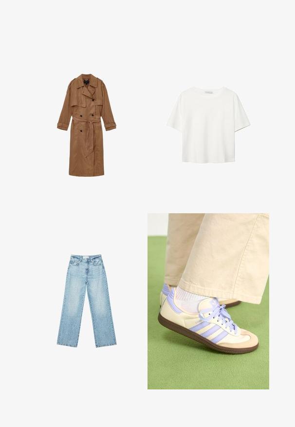 Brun, linn trenchcoat med dubbelknäppt design, axelklappor och ett matchande bälte, med två framfickor och uppvikta ärmar.; Vit t-shirt med kort ärm i bomull. Har en rundad halsringning och en avslappnad passform. Slät textur utan synliga mönster eller detaljer.; Ljusblå denim byxor med vida ben och hög midja, med en blekt tvätt och små, utspridda slitna detaljer genom hela plagget.; Krämfärgade och lavendelfärgade sneakers med tre ränder och en texturerad brun sula, med snören och en vadderad häl. Mjuk tygobero.