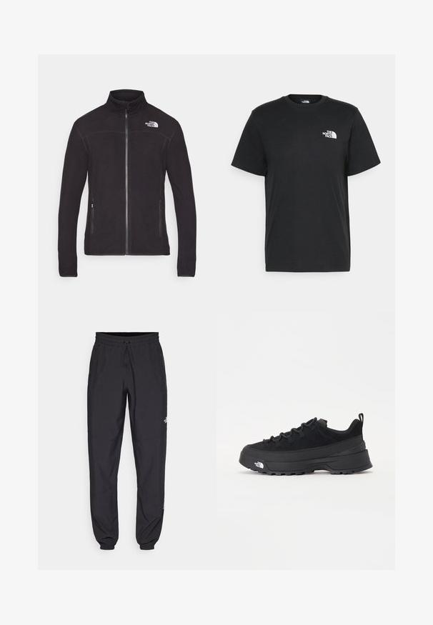 Casaco de mala em fleece preto com gola alta, fecho delantero e dois bolsos laterais. Apresenta um logótipo branco no lado superior esquerdo. Textura suave.; T-shirt de algodão preto com mangas curtas, decote redondo e um pequeno logótipo branco no lado esquerdo do peito. Design simples, textura suave e corte relaxado.; Calças atléticas pretas feitas de tecido leve, com um cós ajustável por cordão, bolsos laterais e punhos afunilados nos tornozelos.; Sapatilha de exterior preta com parte superior em camurça, sola de borracha texturizada e sistema de atacadores robusto. Apresenta um calcanhar reforçado e o logótipo da marca na lateral.