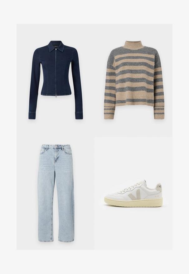 Tummansininen farkkutakki, jossa on pussimainen muotoilu, pitkät hihat ja etuvetoketju. Varustettu kauluksella ja hieman levenevillä hihoilla.; Raidallisen neulepaidan harmaan ja beigen sävyiset värit, korkea kaulus, leveät hihansuut ja rento istuvuus lyhyellä leikkauksella.; Vaaleansiniset korkeavyötäröiset suorat lahkeiset farkut, joissa on etupainike, vetoketju ja viisi taskua valkoista taustaa vasten.; Valkoiset nahkakengät, joissa on vaaleanruskeat pigmenttisuojat, rei'itetty kärki, litteät nauhat ja teksturoitu kermaisa pohja. Takana on huomaamaton brändäys.