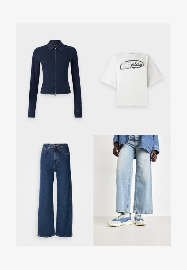 Tmavě modrá džínová bunda s přiléhavým střihem, dlouhými rukávy a zapínáním na zip vpředu. Má límec s klopami a mírně rozšířené manžety.; Replay Triko s potiskem - off white; Džíny s širokými nohavicemi v tmavě modrém denimu. Vysoký pas se zapínáním na knoflík, s pěti kapsami a čistým zakončením na lemech.; Modré denimové džínsy s širokými nohavicemi, spárované s modro-krémovými teniskami s texturovanou tkaninou a šněrováním, na neutrálním pozadí.