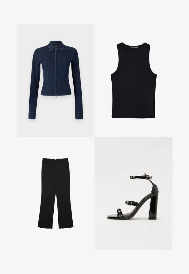 Tmavě modrá džínová bunda s přiléhavým střihem, dlouhými rukávy a zapínáním na zip vpředu. Má límec s klopami a mírně rozšířené manžety.; Černý top na ramínka vyrobený z bavlny, s kulatým výstřihem a širokými průramky. Hladká textura s prošitými lemy. Klasický, minimalistický design.; Černé kalhoty s rovným střihem, s předními kapsami a bočními rozparky na lemu. Vyrobené z jemné, hladké tkaniny. Vhodné na různé příležitosti.; Černé lakované sandály na vysokém podpatku se dvěma pásky se sponami, čtvercovou špičkou a robustním blokovým podpatkem, s hladkou, lesklou texturou.
