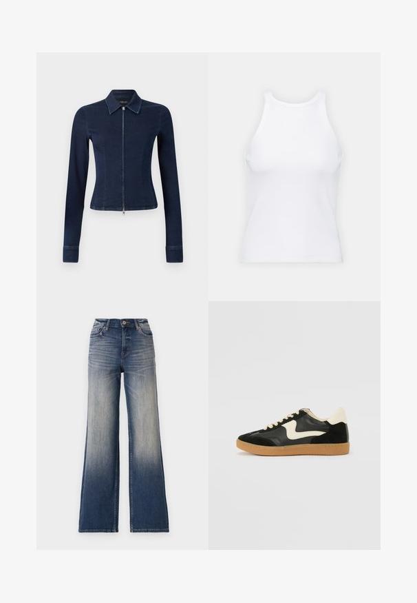 Donkerblauwe spijkerjack met een fitted ontwerp, lange mouwen en een ritssluiting aan de voorkant. Bevat een puntkraag en licht uitlopende manchetten.; Witte mouwloze tanktop van ribstof, met een ronde halslijn en een aansluitende pasvorm, met minimale naden en zonder versieringen.; Hoge taille wijde jeans in licht tot donkerm blauw denim met vervaging, met een knoopsluiting en riemlussen. Schoon gefinishte zoom en geen zichtbare versieringen.; Zwarte suède en leren sneaker met een crèmekleurige zij-swoosh en lichte crèmekleurige hiel. Voorzien van beige veters en een gumrubberen zool.