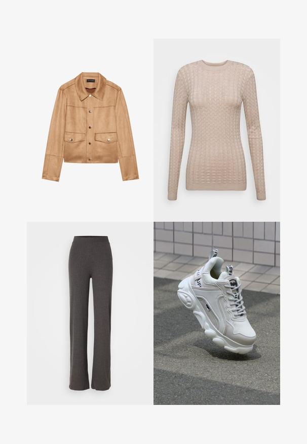 Krátka béžová bunda vyrobená z mäkkého materiálu, s špicatým golierom, striebornými gombíkmi, dvoma prednými vreckami a bezšvovou konštrukciou.; Bežový sveter s dlhým rukávom a textúrovaným vzorom, so zaobleným výstrihom a rebrovanými manžetami. Vyrobený z jemnej, ľahkej tkaniny.; Šedé pletené nohavice s širokým strihom a elastickým pásom. Tkanina má textúrovaný vzhľad, ktorý ponúka voľný strih.; Biele tenisky s materiálmi z textilu a kože, okrúhla špička, hrubá podrážka, výrazné šnúrky a značka na päte a jazyku.