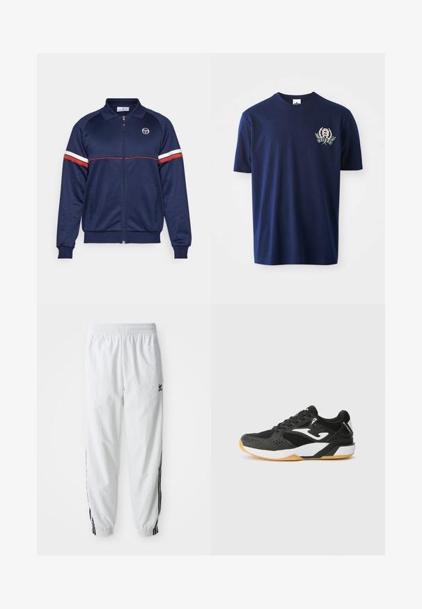 Sergio Tacchini ORION TRACKTOP - Casaco de treino - navy/red ochre; T-shirt de algodão azul marinho com mangas curtas, gola redonda e logótipo bordado com detalhes de louros no lado esquerdo do peito.; Calças de treino brancas com riscas laterais pretas, cintura elástica e punhos; apresenta o logotipo da Adidas na coxa esquerda. Textura de tecido suave.; Sapatilha atlética preta com materiais em malha e sintéticos; possui detalhes brancos, uma sola texturizada e um design de bico arredondado.