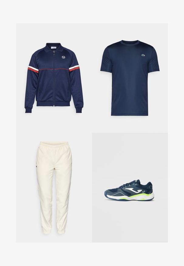 Sergio Tacchini ORION TRACKTOP - Training jacket - navy/red ochre; Navy blue short-sleeve t-shirt made of smooth fabric, featuring a small embroidered green crocodile logo on the left chest.; Cream-colored athletic pants with an elastic waistband, tapered legs, and a small dark green logo on the left side. Smooth, lightweight fabric.; Navy athletic shoe with mesh upper, white accents, lime green details, and a textured white sole. Rounded toe and padded collar for comfort.