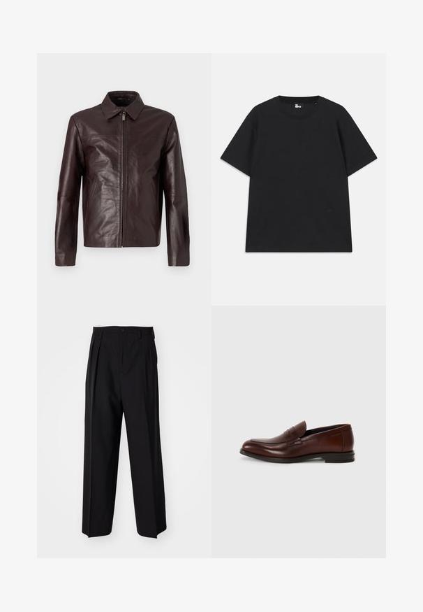 Hnedá kožená bunda s štíhlym dizajnom, predným zipsom, špicatým golierom a bočnými vreckami. Hladká textúra a priliehavý silueta.; Čierne tričko s krátkym rukávom vyrobené z bavlny, s okrúhlym výstrihom a malým logom pri leme. Hladká textúra, bežný strih.; Čierne skladané nohavice s rovnom, širokým strihom. Vyrobené z hladkého materiálu, s gombíkovým zapínaním a pútkami na opasok.; Hnedé kožené mokasíny s okrúhlou špičkou, prednou prackou a nízkym klinovým podpätkom. Hladký povrch s minimálnymi dekoratívnymi akcentmi.