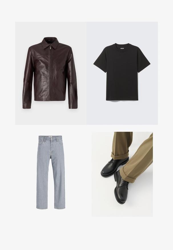 Brazās ādas jakas ar slaidu dizainu, priekšējo rāvējslēdzēju, norakstītu apkakli un sānu kabatām. Gluda tekstūra un pieguļoša siluets.; Melns īsroku T-krekls no mīksta kokvilnas auduma ar apaļu kakla izgriezumu un vienkāršu dizainu bez rakstiem vai izcelto elementu.; Gai zils džinsu audums ar brīvu piegriezumu, taisnu kāju dizainu, redzamām šuvēm, divām priekšējām kabatām un pogu aizdari.; Melnas ādas kleita apavi ar gludu virsmu, ar auklēm un noapaļotu purngalu, apvienoti ar sarullētām kaķi biksēm.