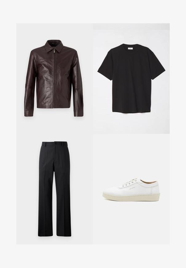 Jachetă din piele maro, cu un design elegant, fermoar frontal, guler ascuțit și buzunare laterale. Textură netedă și siluetă ajustată.; Tricou negru din bumbac, cu guler rotund, mâneci scurte și o croială lejeră. Design simplu, textură netedă și fără modele sau logo-uri vizibile.; Pantaloni negri cu picioare drepte, cu bucle pentru curea, nasture frontal și închidere cu fermoar, expuși pe un fundal alb simplu.; Sneaker alb din piele cu un finisaj texturat, vârf rotund, talpă din cauciuc bej și șase ochiuri pentru șireturi gri, având un logo subtil pe lateral.
