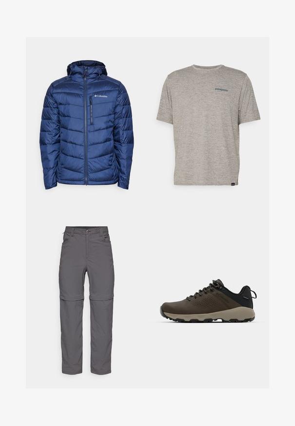 Mörkblå isolerad puffjacka med huva, med kviltad design, dragkedjestängning och diskret logotyp på övre vänstra bröstet.; Grå kortärmad t-shirt i mjukt, strukturerat tyg med en liten blå Patagonia-logotyp på vänster bröst. Inga ytterligare mönster.; Grå zip-off byxor med en slät yta, med knappstängning, framfickor och justerbara avslut för en mångsidig stil.; Bruna vattentåliga sneakers med en strukturerad ovandel, perforerade detaljer, svart hälstöd och en grå gummisula. Snörningen har metalliska ändar.