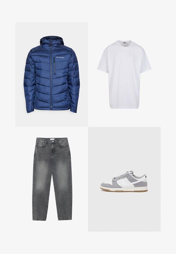 Dunkelblauer isolierter Daunenjacke mit Kapuze, mit gestepptem Design, Reißverschluss und subtiler Logoplatzierung auf der oberen linken Brust.; Weiße Baumwoll-T-Shirt mit kurzen Ärmeln, rundem Ausschnitt, lockerer Passform und ohne sichtbare Logos oder Muster. Glatte Textur und minimalistisches Design.; Hoch taillierte, locker sitzende Jeans aus verwaschenem schwarzem Denim. Verfügt über fünf Taschen, Gürtelschlaufen und ein sauberes, gerades Bein-Design.; Graue und weiße Sneaker mit einem Obermaterial aus Wildleder und Leder, abgerundeter Spitze, flachen Schnürsenkeln und einer Gummisohle mit einem Kautschukakzent.