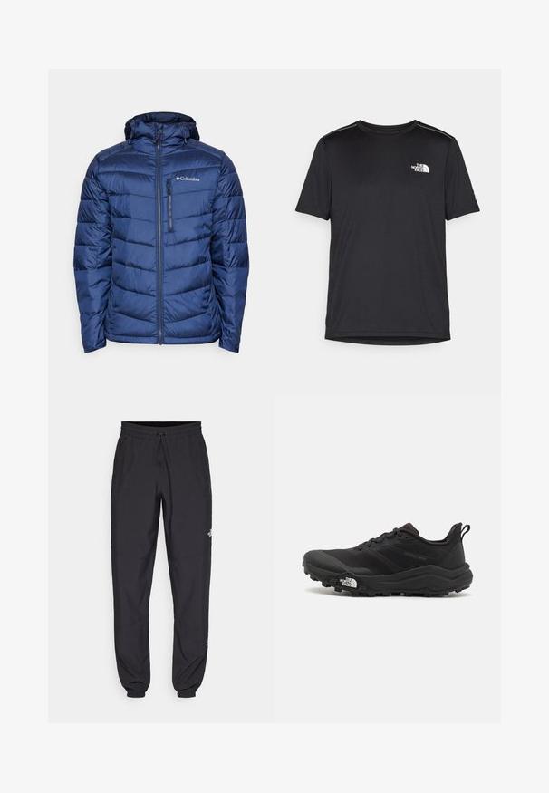 Navy blue insulated puffer jacket with a hood, featuring quilted design, zip closure, and subtle logo on the upper left chest.; Black short-sleeve T-shirt made from lightweight fabric. Features a small white logo on the left chest and subtle shoulder accents.; Black athletic pants made from lightweight fabric, featuring a drawstring waistband, side pockets, and tapered cuffs at the ankles.; Black trail running shoe with a textured upper, rubber sole, and reinforced toe cap. Features a padded collar and pull tab for easy wear.