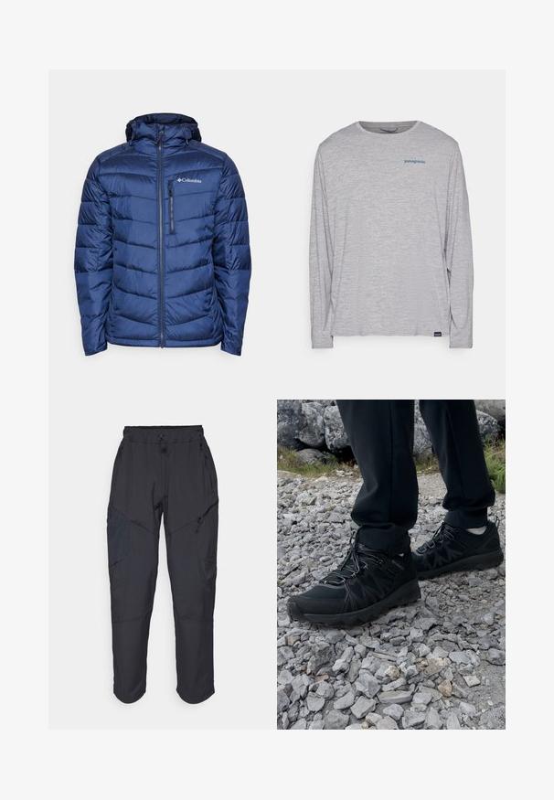 Navy blue insulated puffer jacket with a hood, featuring quilted design, zip closure, and subtle logo on the upper left chest.; Light gray long-sleeve t-shirt made of soft, textured fabric. Features a crew neck and a small blue Patagonia logo on the chest.; Black cargo pants made from a lightweight, water-resistant material; features elastic waistband, multiple zippered pockets, and tapered legs.; Black outdoor shoes with mesh and synthetic material, featuring a textured upper, secured lacing system, and a rugged outsole, on rocky terrain.