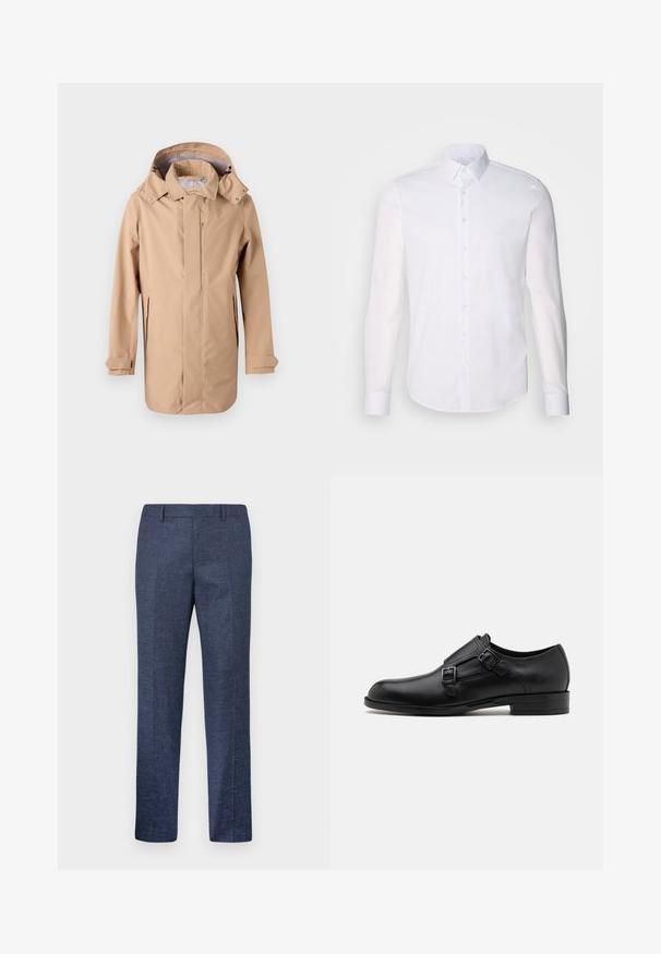 Beige wasserdichte Jacke mit Kapuze, Frontreißverschluss und Seitentaschen. Verfügt über einen leicht lockeren Schnitt und verstellbare Bündchen. Glatte Textur.; Weißes Langarm-Hemd aus Baumwolle, mit klassischem Kragen, vorderen Knöpfen und minimalen Nähdetails.; Marineblaue Hose aus einem strukturierten Stoff, mit geraden Beinen, flachem Vorderteil und zwei seitlichen Taschen. Keine sichtbaren Muster oder Akzente.; Schwarze Leder- Schnürschuhe mit doppelten Schnallen, schlanker Silhouette und runder Zehenpartie. Sie verfügen über einen niedrigen Absatz und eine glatte Textur.