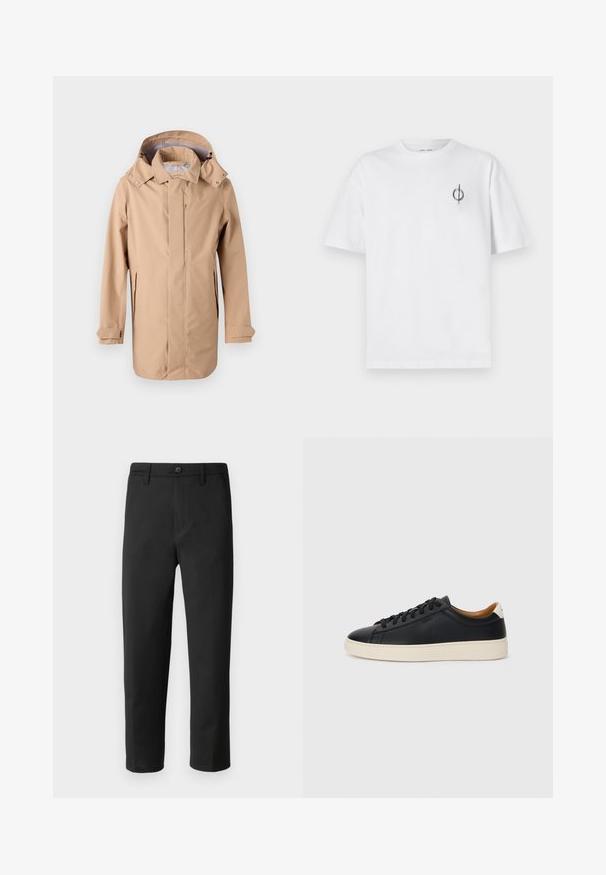 Beige vedenkestävä takki hupulla, edessä vetoketju ja sivutaskut. Ominaisuuksiin kuuluu hieman rento istuvuus ja säädettävät hihansuut. Suuri pinta.; Valkoinen puuvillapaita rentoa istuvuutta, jossa on pieni musta graafinen logo vasemmassa rintataskussa. Lyhyet hihat, pyöreä kaula-aukko.; Mustat suorat housut, valmistettu sileästä kankaasta. Varustettu nappisulkimella ja vyölenkeillä. Ei näkyviä kuvioita tai yksityiskohtia.; Mustat nahkasneakerit, joissa on sileä pinta, beige kumipohja, nauhakiinnitys ja erottuva kanta-aksentti.