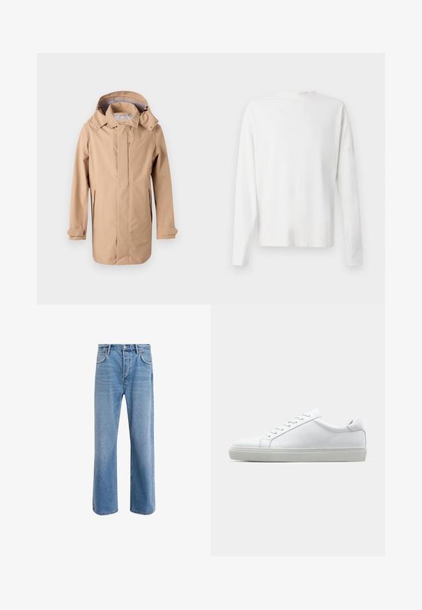 Bežinė nepralaidi striukė su gobtuvu, priekyje su užtrauktuku ir šoninėmis kišenėmis. Yra šiek tiek laisvesnio kirpimo ir reguliuojamos rankogaliai. Lygi tekstūra.; Ilgų rankovių baltas medvilninis marškinis su apvalia iškirpte, šonuose su plyšiais apačioje ir lygia tekstūra, rodomas iš nugaros.; Šviesiai mėlyni džinsai su tiesiu kirpimu, penkios kišenės, mygtuko užsegimas, minimalus blukimas ir kontrastingi siuvimo detalės.; Baltas sportinis batelis su lygiu odiniu paviršiumi ir žemu profiliu. Turi suapvalintą pirštą, šešis akių skyrius ir tekstūruotą gumos padą.