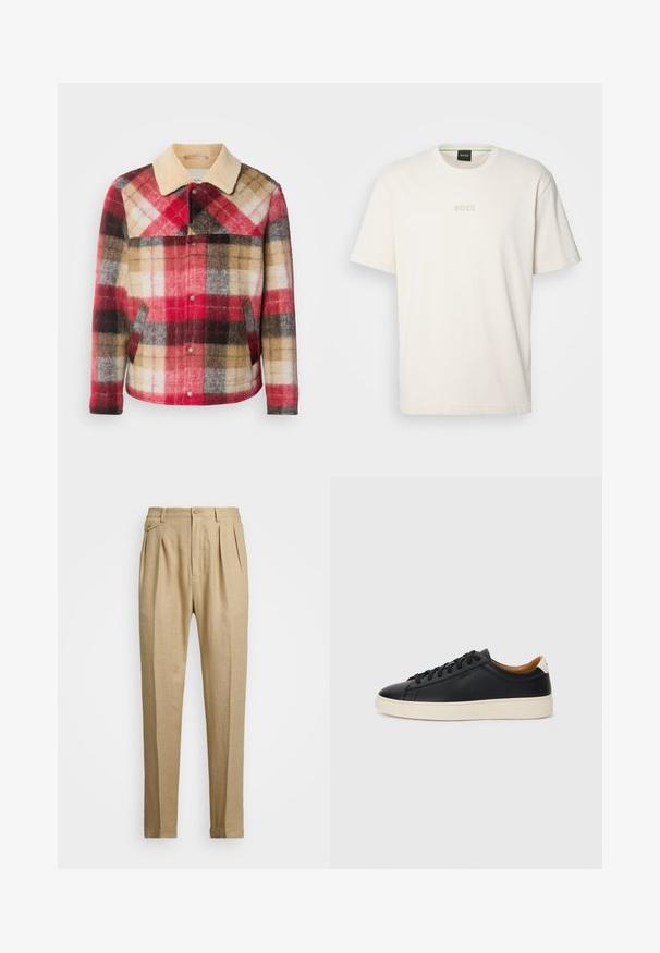 Pleds vilnas jaka ar bēšas krāsas apkakli un spiedpogām. Iezīmē sarkanas, brūnas un pelēkas krāsu blokos. Mīksta, teksturēta auduma.; BOSS TEE - Pamata T-krekls - open white; Bēšas lina bikses ar taisnu griezumu, ar divām priekšējām krokām, pogu aizdari un sānu kabatām. Strukturēta auduma virsma ar gludu apdari.; Melni ādas sporta apavi ar gludu tekstūru, bēša krāsas gumijas zole, auklu aizdare un kontrastējošs papēža akcents.