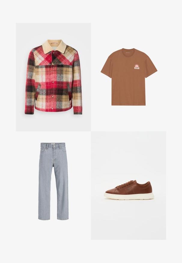 Veste en laine à carreaux avec un col beigne et des boutons-pression. Présente des blocs de couleurs rouge, marron et gris. Tissu doux et texturé.; T-shirt marron à manches courtes en coton, avec un graphique de soleil rose et le texte "SOLAR" sur la poitrine gauche. Design à col rond.; Jean en denim bleu clair avec une coupe décontractée,à jambe droite, coutures visibles, deux poches avant et fermeture par bouton.; Baskets en cuir marron avec une semelle en caoutchouc blanc, dotées de lacets et d'un design simple et lisse. Détail de logo en relief subtil sur le côté.