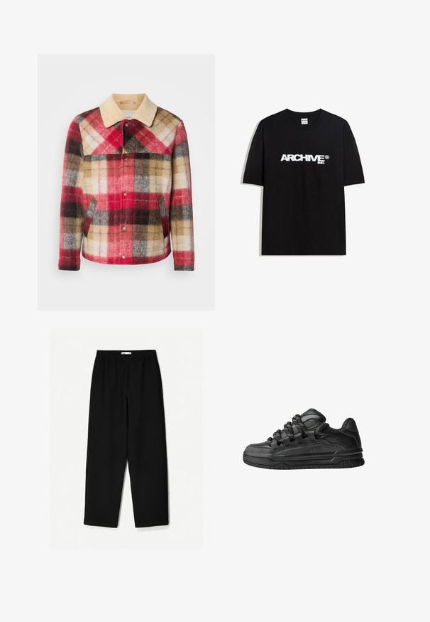 Giacca di lana a quadri con un colletto beige e bottoni a pressione. Presenta blocchi di colore rosso, marrone e grigio. Tessuto morbido e strutturato.; T-shirt in cotone nero con il logo bianco "ARCHIVE inc." stampato sul petto, maniche corte e colletto a girocollo.; Pantaloni neri a gamba larga realizzati in un tessuto leggero. Presentano una vita elasticizzata e una texture liscia. Senza motivi visibili o accessori.; Sneaker nere con una toma in pelle liscia, dettagli testurizzati e lacci tondi neri e bianchi. Suola spessa in gomma con battistrada gommato.