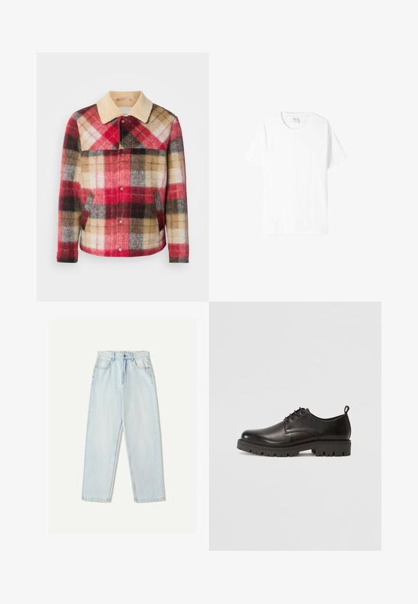 Kockás gyapjúdzseki bézs színű gallérral és patentgombokkal. Piros, barna és szürke színblokkok jellemzik. Puha, texturált anyag.; Fehér pamut póló rövid ujjakkal, kerek nyakkal és laza szabással. Simább textúrájú, minta vagy grafika nélkül, minimális márkajelzés a címkén.; Világoskék farmernadrág, laza szabással, egyenes szárú kialakítással, öt zsebes stílussal és finom elhalványulással az anyagon.; Fekete bőr fűzős cipők, sima felülettel, lekerekített orral, vastag gumitalppal, amelynek mintázata van, és egy kis sarkammal.