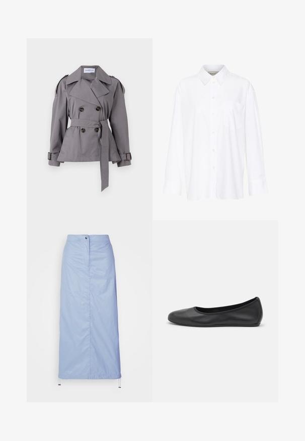 Gray double-breasted trench coat with a belted waist, large collar, and shoulder epaulets. Features decorative buttons and a smooth texture.; White long-sleeve collared shirt made of cotton. Features a button-down front and a single chest pocket. Smooth texture, relaxed fit.; Light blue, mid-length skirt made of smooth, lightweight material with a straight cut, features a front button closure and drawstring hem.; Black leather ballet flat with a rounded toe, smooth texture, minimal stitching detail, and a flexible sole design.