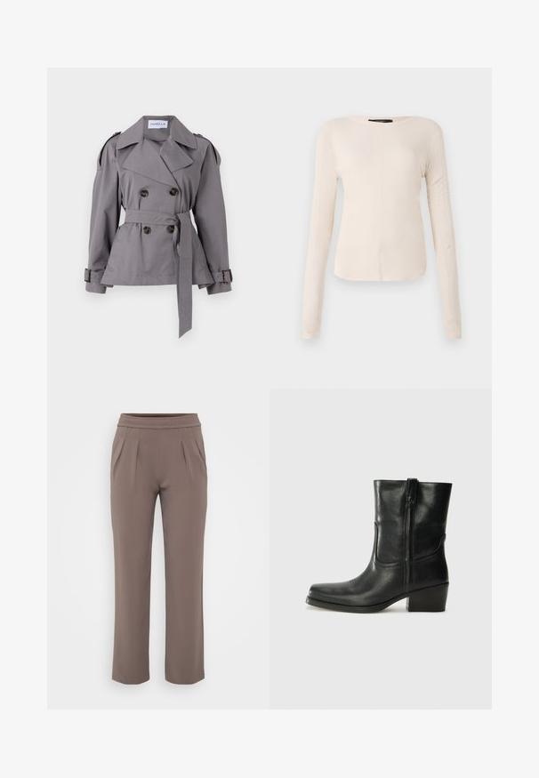 Gray double-breasted trench coat with a belted waist, large collar, and shoulder epaulets. Features decorative buttons and a smooth texture.; Long-sleeve, light beige top with a round neckline. Made of soft fabric, features a central seam and slightly curved hem. No visible hardware.; Taupe loose-fit trousers with elastic waistband and front pleats, made from smooth fabric.; Black leather ankle boot with a rounded toe, block heel, side zipper, and stitching accents on the vamp. Smooth texture, classic design.