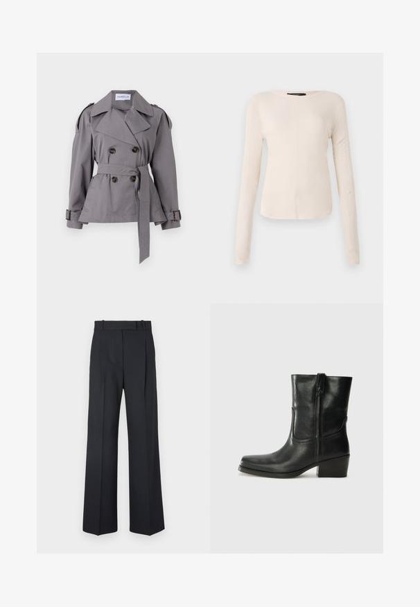 Gray double-breasted trench coat with a belted waist, large collar, and shoulder epaulets. Features decorative buttons and a smooth texture.; Long-sleeve, light beige top with a round neckline. Made of soft fabric, features a central seam and slightly curved hem. No visible hardware.; Dark blue pinstriped trousers with a high waist, wide leg design, and no visible hardware or embellishments. Smooth texture and tailored fit.; Black leather ankle boot with a rounded toe, block heel, side zipper, and stitching accents on the vamp. Smooth texture, classic design.