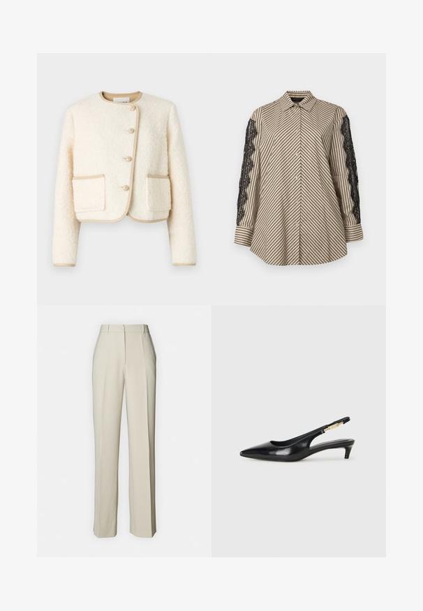 Gekürzte cremefarbene Jacke aus flauschigem Stoff, mit Rundhalsausschnitt, drei Knöpfen und beigem Besatz an den Kanten und Taschen.; Hemd mit vertikalen schwarz-beigen Streifen. Verfügt über schwarze Spitze an beiden Ärmeln. Knopfverschluss vorne, lässige Passform.; Beige maßgeschneiderte Hose mit geradem Schnitt, ausgestattet mit vorderen Falten, einem flachen Bund und glatter Textur für ein sauberes Finish.; Schwarze Leder-Slingback-Pumps mit spitzem Schuhblatt, ausgestattet mit einem schlanken Absatz und einem goldfarbigen Akzent am verstellbaren Riemen. Glatte Textur.