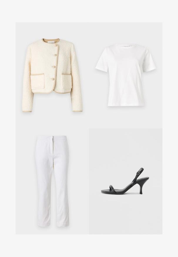 Cropped cream jacket made of fluffy fabric, featuring a round neck, three buttons, and beige trim around the edges and pockets.; White cotton t-shirt with short sleeves, round neckline, and a relaxed fit. Smooth texture, no patterns or accents, minimalistic design.; White cotton pants with a straight leg design, featuring a mid-rise waist and no visible hardware or patterns. Smooth texture throughout.; Black leather high-heeled sandals with a slim, curved heel and a crossed strap design. Adjustable ankle strap. Smooth texture.