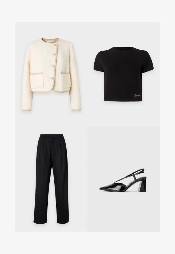 Afkortet cremet jakke lavet af fluffy stof, med rund hals, tre knapper og beige kant rundt om kanterne og lommerne.; Sort kortermet T-shirt lavet af bomuld. Har en rund halsudskæring og et lille sølvfarvet "Guess" logo nederst til venstre.; Sorte bukser med skræddersyet design, der har høj talje, læg og lige ben. Fremstillet af glat stof i ensfarvet.; Sorte laklæder slingback højhælede sko med spids tå, justerbar rem og chunky rektangulær hæl.