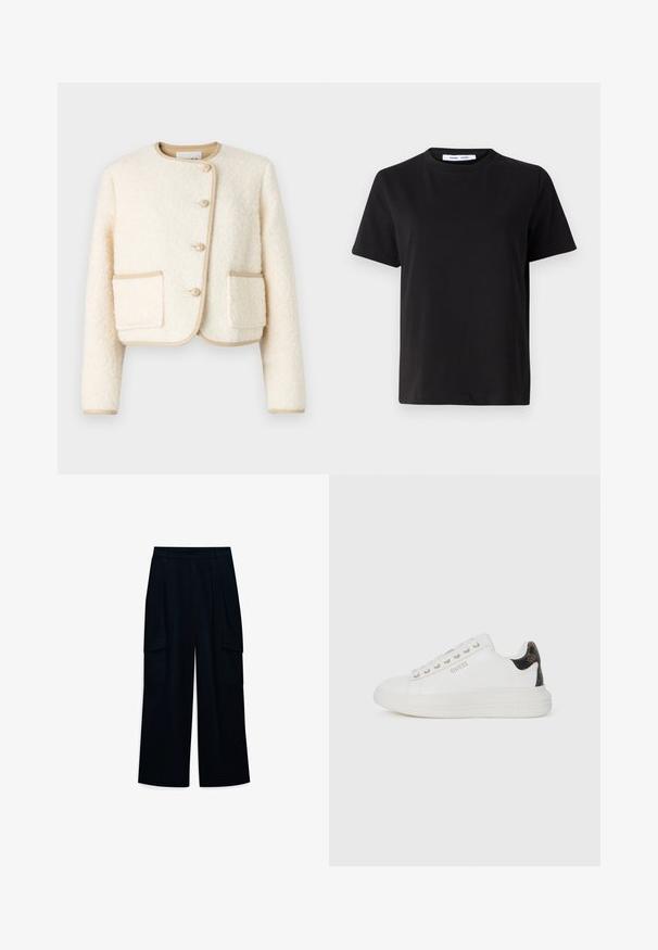 Cropped cream jacket made of fluffy fabric, featuring a round neck, three buttons, and beige trim around the edges and pockets.; Black short-sleeve t-shirt made of soft cotton, featuring a round neckline, relaxed fit, and a smooth texture. No visible patterns or graphics.; Wide-leg, high-waisted pants in dark navy fabric. Features pleats and two side cargo pockets. Smooth texture with a clean design.; White leather sneakers with a textured brown accent at the heel, featuring gold eyelets and a raised sole. Brand name "GUESS" embossed on the side.