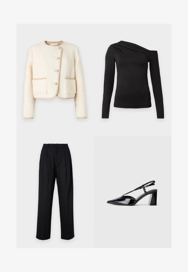 Kratká krémová bunda z nadýchaného materálu, s okrúhlym výstrihom, tromi gombíkmi a béžovými lemami okolo okrajov a vreciek.; Čierny dlhý rukáv top s asymetrickým výstrihom, ktorý odhaľuje jedno rameno a má jemné drape po hrudi.; Čierne nohavice s presne tvarovaným strihom, s vysokým pásom, skladačkami a rovným strihom nohavíc. Vyrobené z hladkej látky v jednej farbe.; Čierne patent leather sandále na vysokých opätkoch s ostrou špičkou, nastaviteľným popruhom a robustným obdĺžnikovým opätkom.