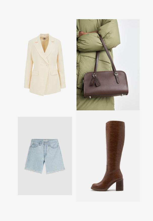 Beige skräddarsydd kavaj med slagkrage, enkel knappstängning och två framfickor. Slät textur med en strukturerad silhuett.; Svart ribbad linne med rundad halsringning, ärmlös design och figurnära passform. Har en etikett med storleksinformation inuti.; Ljusblå denimshorts med rak bendesign, fransad nederkant, fem fickor och knappstängning i midjan.; Bruna knähöga stövlar i slät konstläder, med rund tå, blockklack med vertikala spår och en minimalistisk design.; Brun läderhandväska med rektangulär form, avtagbar rem och silvriga detaljer. Har två taggar fästa vid handtaget.