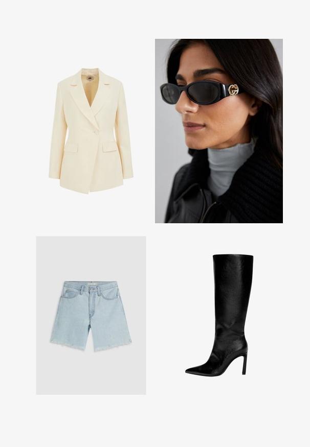 Krémový přizpůsobený blazer s klopovým límcem, jednobodovým zapínáním a dvěma předními kapsami. Hladká textura s definovanou siluetou.; Černý žebrovaný top bez rukávů s výstřihem ve tvaru lodi, těsně přiléhavého střihu. Obsahuje štítek s velikostí uvnitř.; Světlé modré džíny šortky s rovnou nohavicemi, třepeným lemem, pěti kapsami a zapínáním na knoflík v pase.; Černý kožený vysoký nerozšířený bot s špičatou špičkou, vysokým stiletto podpatkem, hladkým povrchem a jednoduchým, elegantním designem bez zdobení.; Černé sluneční brýle s elegantním obdélníkovým rámem a zlatým logem na boční straně. Tmavé čočky a lesklý povrch jsou výrazné.; Hnědá kožená kabelka obdélníkového tvaru, s odnímatelným popruhem a stříbrnými akcenty. Obsahuje dvě visačky připevněné k rukojeti.