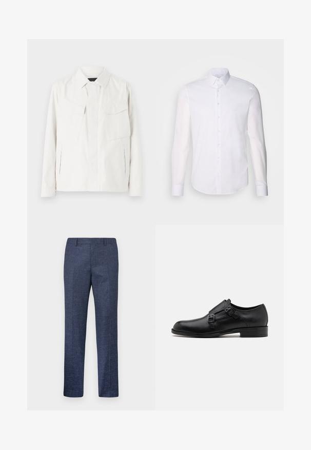 Witte lichtgewicht shirtjack met een kraag, twee voorpatchzakken, zijsplitten en knoopsluitingen. Gladde stoftextuur.; Witte lange mouwen overhemd met knopen, gemaakt van katoen, voorzien van een klassieke kraag, voorkant met knopen en minimale stikdetails.; Navyblauwe broek van een gestructureerde stof, met rechte pijpen, een vlakke voorkant en twee zijzakken. Geen zichtbare patronen of accenten.; Zwarte leren dresschoen met dubbele gespen, slank silhouet en ronde neus. Kenmerkt zich door een lage hak en een gladde textuur.